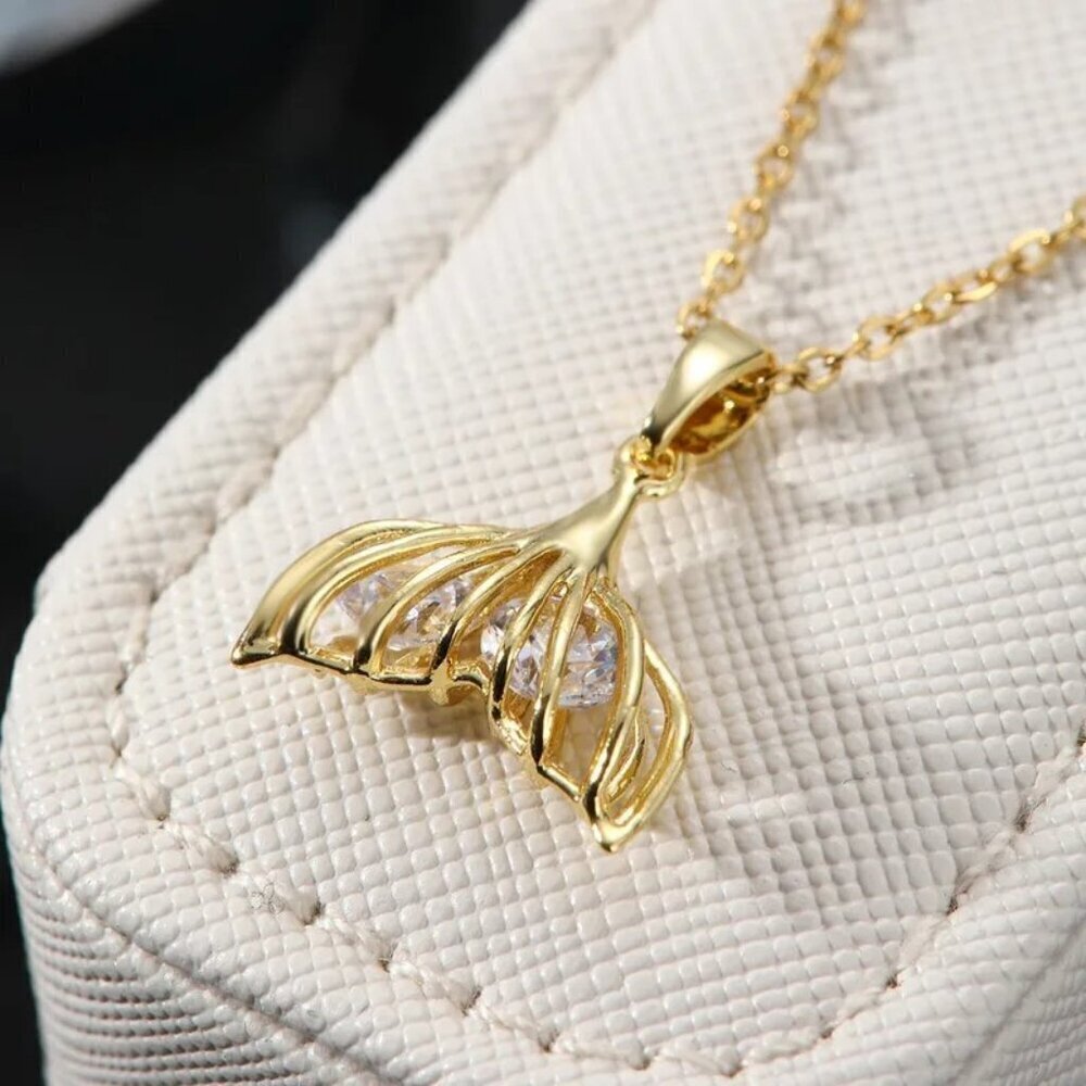 18K Gold Plated Stainless Steel Hollow Mermaid Tail with Zircon Stones Pendant